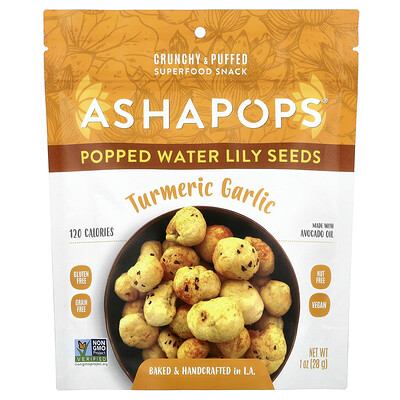 AshaPops, Semillas de nenúfar infladas, Cúrcuma y ajo, 28 g (1 oz)