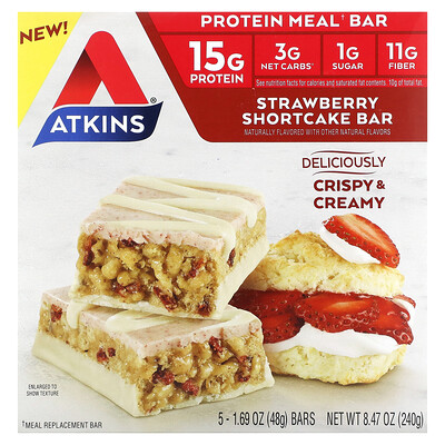 Atkins Protein Meal Bar, батончик с клубничным пирожным, 5 батончиков, 48 г (1,69 унции)