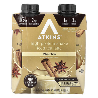 Atkins, 冰茶拿鐵蛋白質奶昔，印度茶，4 杯奶昔，每杯 11 液量盎司（325 毫升）