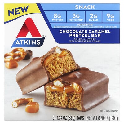 

Atkins, Snack, Chocolate Caramel Pretzel Bar, 5 Bars, 1.34 oz (38 g) Each