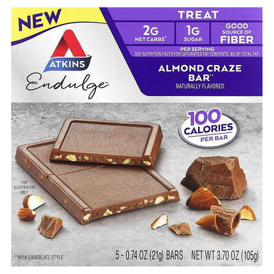 

Atkins, Endulge, Treat, Almond Craze Bar, 5 Bars, 0.74 oz (21 g) Each