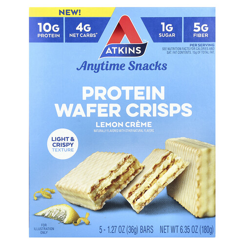 Atkins, Anytime Snacks, Protein Wafer Crisps, Protein-Wafer-Chips, Zitronencreme, 5 Riegel, je 36 g (1,27 oz.).
