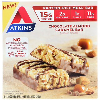 Atkins, Comida en barra, barra de chocolate, almendra y caramelo, 5 barras, 1.69 oz (48 g) cada una