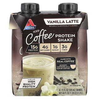 Atkins, Iskaffeproteinshake, vaniljelatte, 4 shaker, 325 ml per stk.