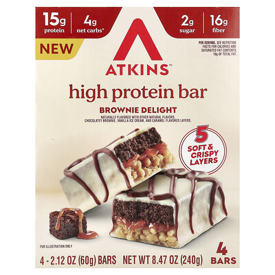 Atkins, Barrita con alto contenido de proteínas, Delicia de brownie, 4 barritas, 60 g (2,12 oz) cada una