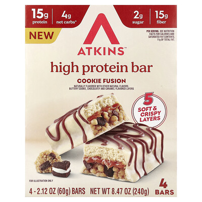 Atkins, Barrita con alto contenido de proteínas, Galleta fusión, 4 barritas, 60 g (2,12 oz) cada una