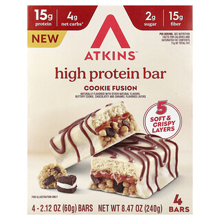 Atkins, 하이 프로틴 바, 쿠키 퓨전, 바 4개, 각 60g(2.12oz)