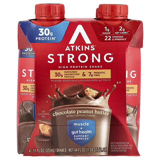 Atkins, Fuerte, Batido con alto contenido de proteínas, Chocolate y mantequilla de maní, 4 batidos, 325 ml (11 oz. líq.) cada uno