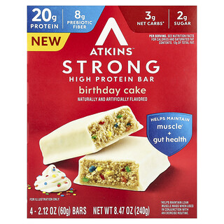 Atkins, 강력하고 고단백질 바, 생일 케이크, 바 4개, 개당 60g(2.12oz)