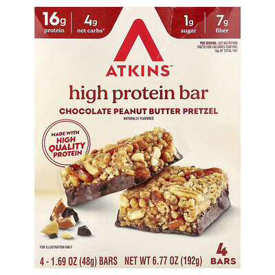 Atkins, Barrita con alto contenido de proteínas, Pretzel con chocolate y mantequilla de maní, 4 barritas, 48 g (1,69 oz) cada una