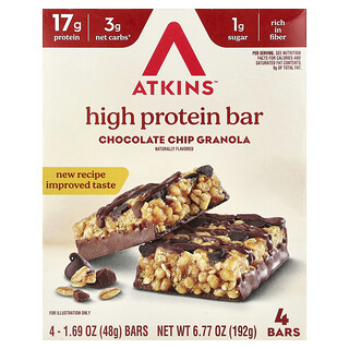 Atkins, Barrita con alto contenido de proteínas, Granola con chips de chocolate, 4 barritas, 48 g (1,69 oz) cada una