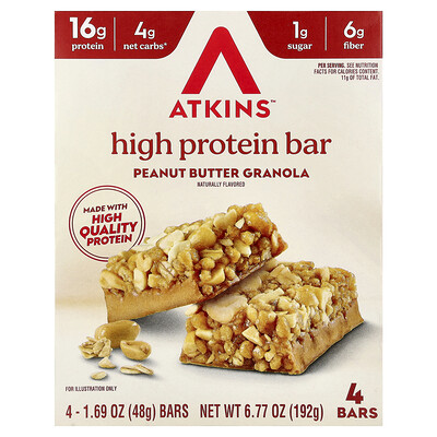 Atkins, Barrita con alto contenido de proteínas, Granola con mantequilla de maní, 4 barritas, 48 g (1,69 oz) cada una