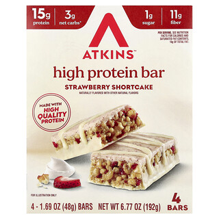 Atkins, Barra de Alto Teor de Proteína, Torta de Morango, 4 Barras, 48 g (1,69 oz) Cada