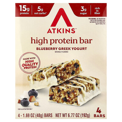 Atkins, Barrita con alto contenido de proteínas, Yogur griego con arándanos azules, 4 barritas, 48 g (1,69 oz) cada una