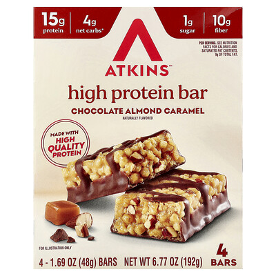 Atkins, Barrita de alto contenido de proteínas, Chocolate, almendras y caramelo, 4 barritas, 48 g (1,69 oz) cada una