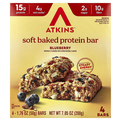 Atkins, Barrita proteica blanda horneada, Arándano azul, 4 barritas, 50 g (1,76 oz) cada una