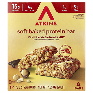 Atkins, Soft Baked Protein Bar, weicher, gebackener Proteinriegel, Vanille-Macadamianuss, 4 Riegel, je 50 g (1,76 oz.).