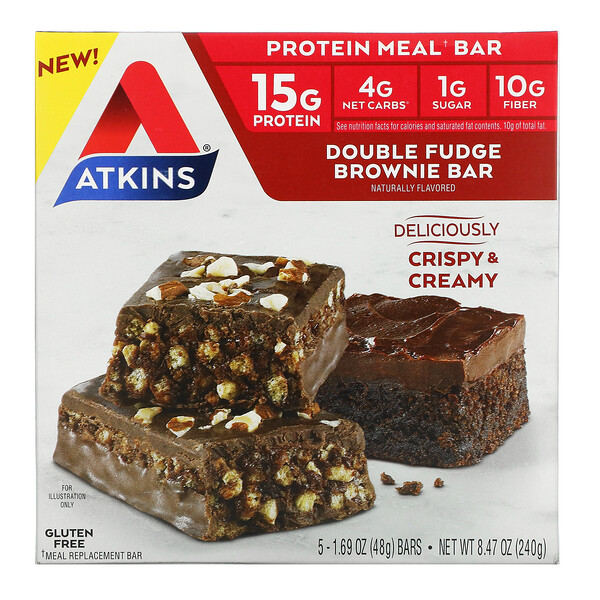 Atkins, Protein Meal Bar, Double Fudge Brownie Bar, 5 Bars, 1.69 oz (48 g) Each