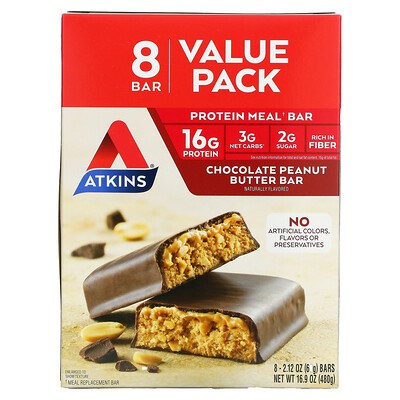 Atkins ProteinMealBar, протеиновые батончики, шоколад и арахисовая паста, 8батончиков по 60г (2,12унции)