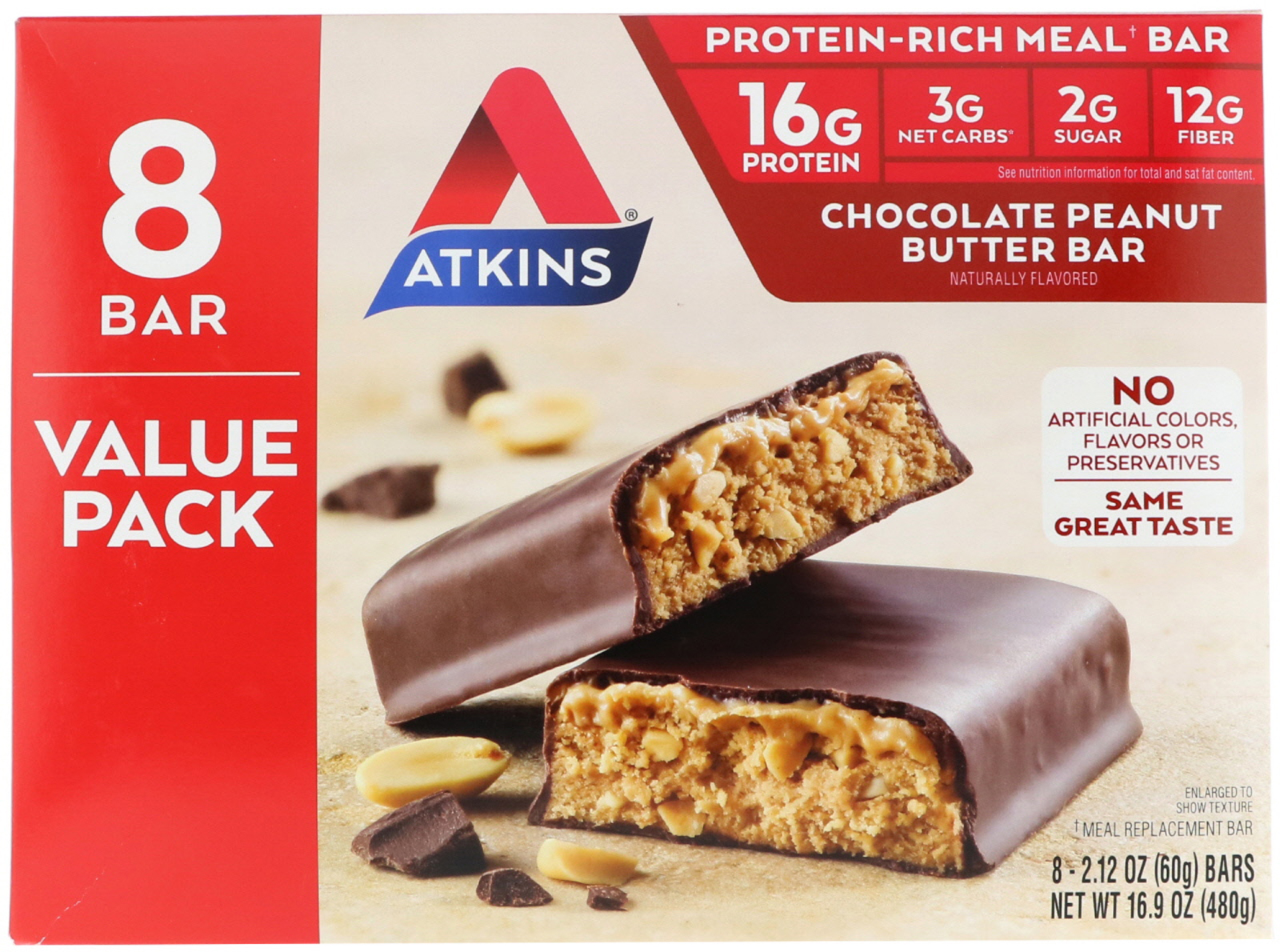Atkins, Meal Bar, Chocolate Peanut Butter Bar, 8 Bars, 2.12 oz (60 g