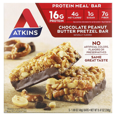 Atkins, Protein Meal Bar, Chocolate Peanut Butter Pretzel, 5 Bars, 1.69 oz (48 g) Each