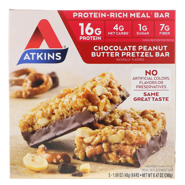 Atkins, チョコレートピーナッツバター・プレッツェルバー, 5 本, 各 1.69 オンス (48 g)