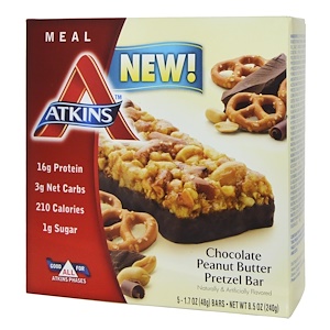 Atkins, Батончики со вкусом претцелей с шоколадно арахисовой пастой, 5 батончиков, 1.7 унций (48 г) каждый