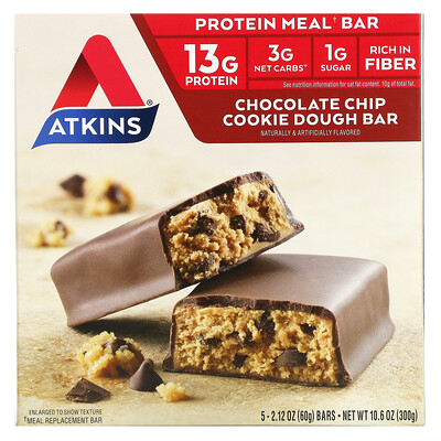Atkins протеиновый батончик для перекуса, со вкусом печенья с шоколадной крошкой, 5 штук по 60 г (2,12 унции)