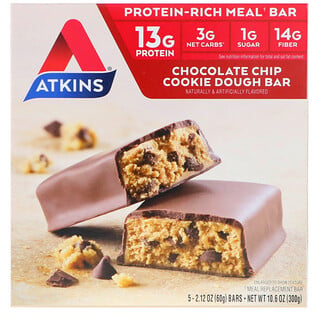Atkins, وجبة في لوح شيكولاتة غني بالبروتينات، لوح عجينة كوكي ورقائق الشيكولاتة، 5 ألواح، 2.12 أونصة وزن اللوح (60 جم)