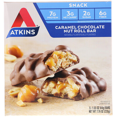 Atkins батончик для перекуса, шоколадно-карамельный батончик с орехами, 5 штук по 44 г (1, 55 унции)  - купить со скидкой