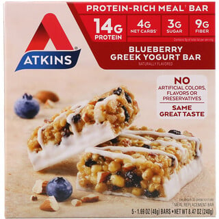 Atkins, Barra de yogur griego, arándano, 5 barras, 1.69 oz (48 g) cada una