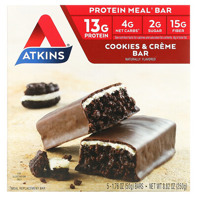 Atkins протеиновый батончик для перекуса, печенье и сливки, 5штук по 50г (1,76унции)