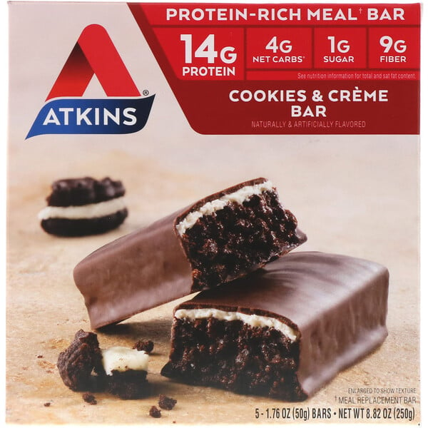 Atkins, Barrita rica en proteínas, Barrita de galletas y crema, 5 barritas, 50 g (1,76 oz) cada una