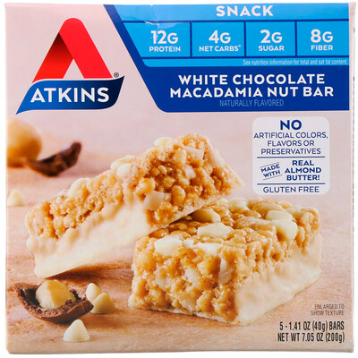 Купить Atkins Снеки: батончик с белым шоколадом и орехом макадамия, 5 батончиков, весом 40 г (1, 41 унции) каждый