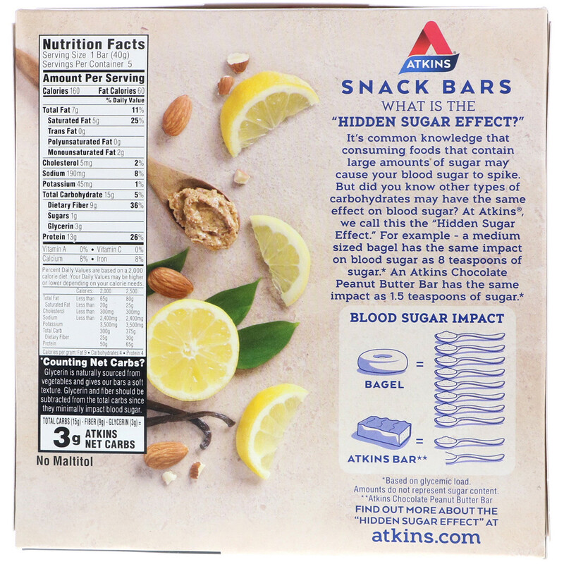 Atkins, Lemon Bar, 5 Bars, 1.41 oz (40 g) Each iHerb