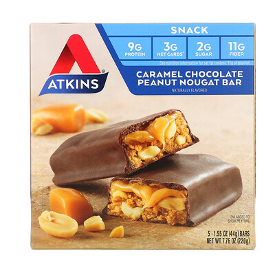 Atkins снек, шоколадно-карамельный батончик с арахисом и нугой, 5 батончиков, 44 г (1, 55 унции) каждый  - купить со скидкой