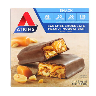 Atkins, Snack, Karamellschokolade Erdnuss Nougat Riegel, 5 Riegel, 44 g (1,6 oz) pro Stück