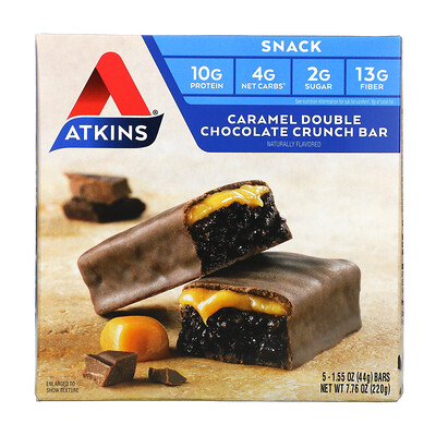 Купить Atkins Snack, хрустящий батончик для перекуса, карамель и двойной шоколад, 5 штук по 44 г (1, 55 унции)