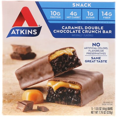 Atkins Снек, хрустящий батончик с карамелью и двойным шоколадом, 5 батончиков, весом 44 г (1,55 унции) каждый