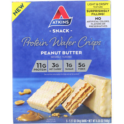 Купить Atkins протеиновые вафли, арахисовая паста, 5 шт., 36 г (1, 27 унции) каждая
