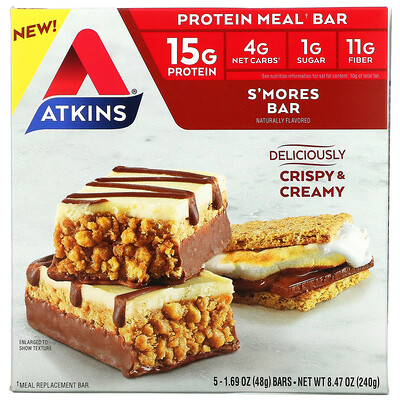 Atkins Protein Meal Bar, батончик S'mores, 5 батончиков, 48 г (1,69 унции)