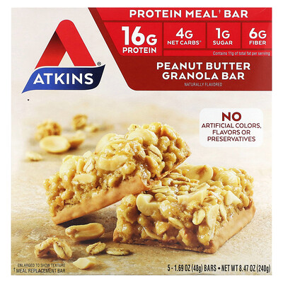 Atkins Protein Meal Bar, батончик-гранола с арахисовой пастой, 5 батончиков, 50 г (1,76 унции)