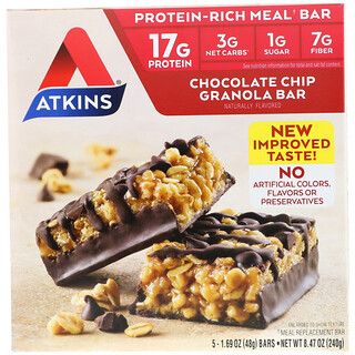 Atkins, Barra de granola con chispas de chocolate, 5 barras, 1.69 oz (48 g) cada una