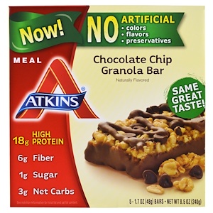 Atkins, Полноценная еда, зерновой батончик с кусочками шоколада, 5 батончиков, по 48 г каждый
