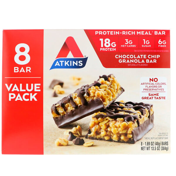 Atkins, Meal Bar, Chocolate Chip Granola Bar, 8 Bars, 1.69 oz (48 g ...