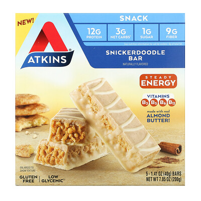 Купить Atkins Snickerdoodle Bar, Gluten Free, 5 Bars, 1.41 oz (40 g) Each