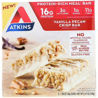 Atkins Meal Bar, Vanilla Pecan Crisp Bar, 5 bars, 1.69 oz (48 g) Each