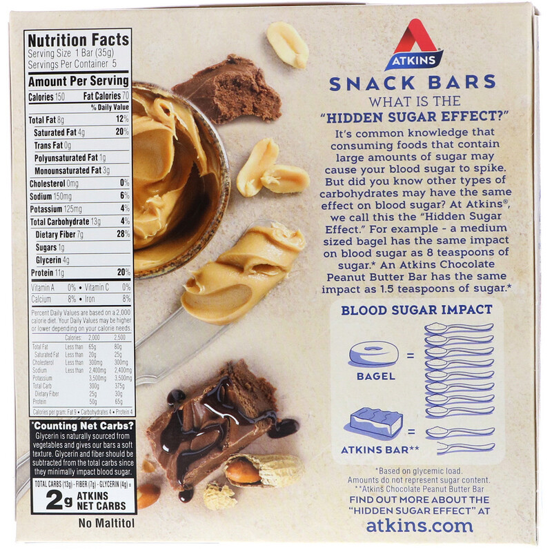 Atkins, Snack, Peanut Butter Fudge Crisp Bar, 5 Bars, 1.2 oz (35 g