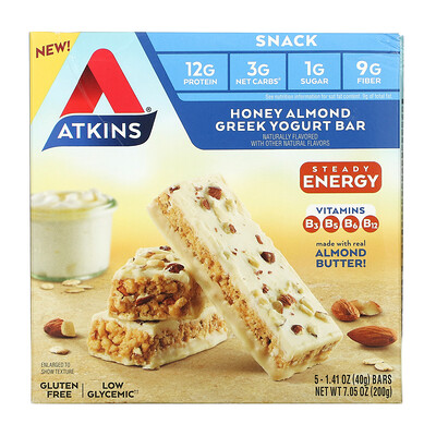 Atkins Honey Almond Greek Yogurt Bar, Gluten Free, 5 Bars, 1.41 oz (40 g) Each