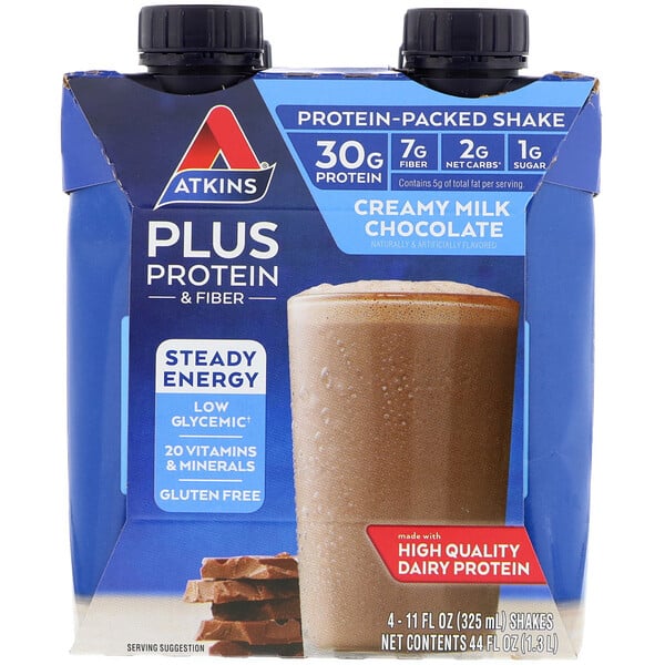 Atkins, Plus, Protéines et fibres alimentaires, Chocolat au lait crémeux, 4 milkshakes, 325 ml pièce